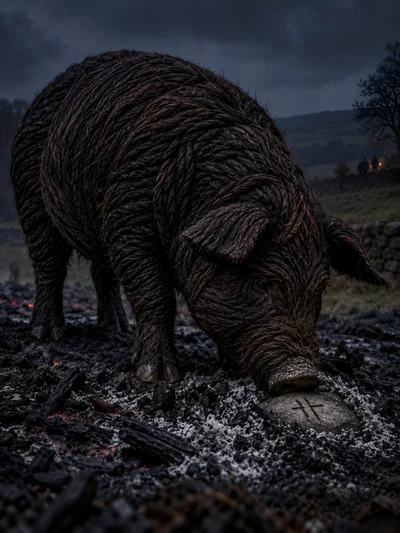 Woven Twig Pig Sculpture Standing On Charred Ground