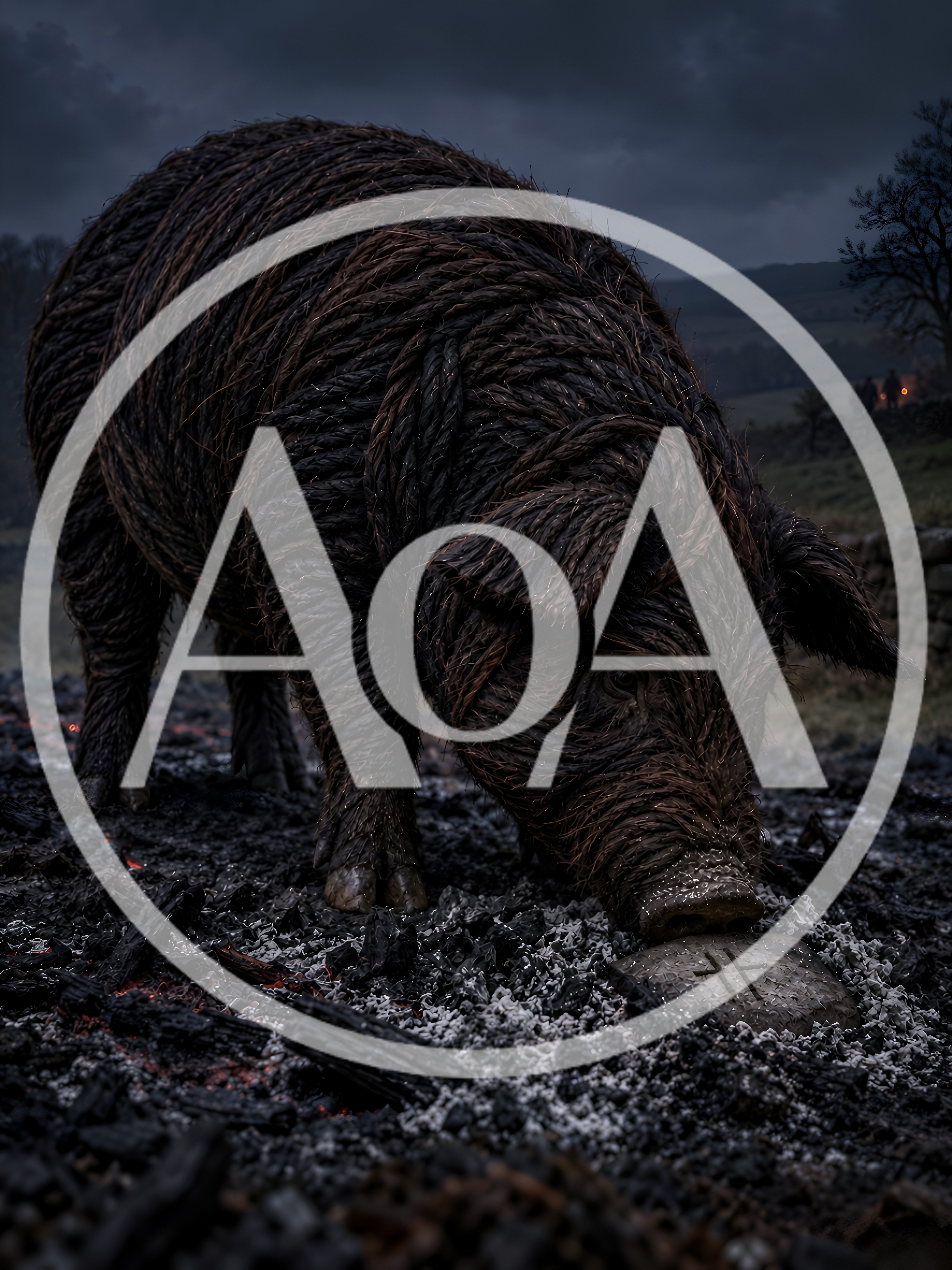 Woven Twig Pig Sculpture Standing On Charred Ground