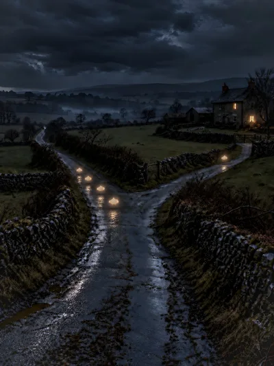 Rural Countryside Road Fork At Twilight