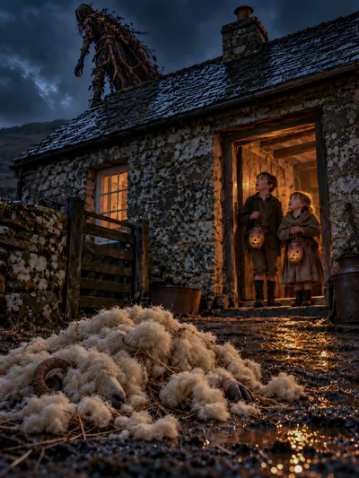 Children Holding Jack O Lanterns Outside Stone Cottage