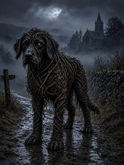Eerie Dog Made Of Twisted Vines In Foggy Landscape