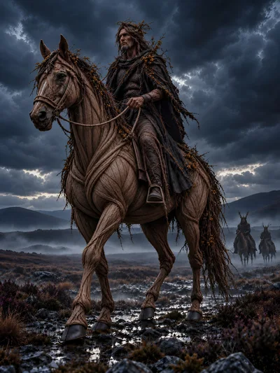 Dark Fantasy Warrior Riding A Wooden Horse