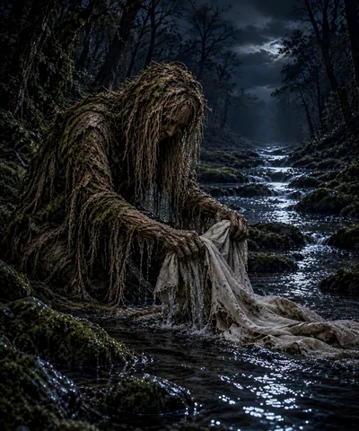 Mythical Forest Spirit Washing Cloth In A Stream