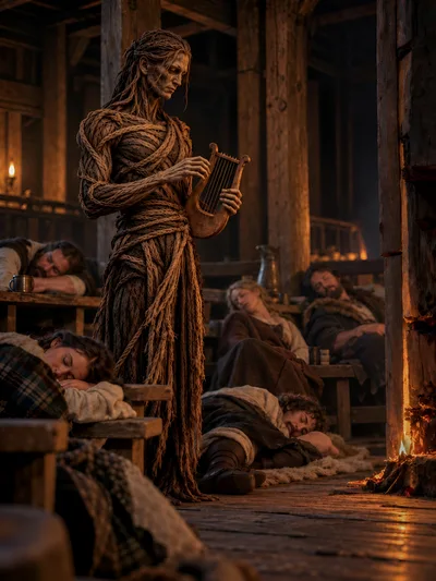 Ethereal Wood Spirit Playing Lyre In Tavern