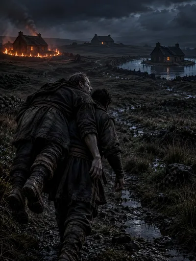 Man Carrying Injured Companion Through Dark Rural Landscape