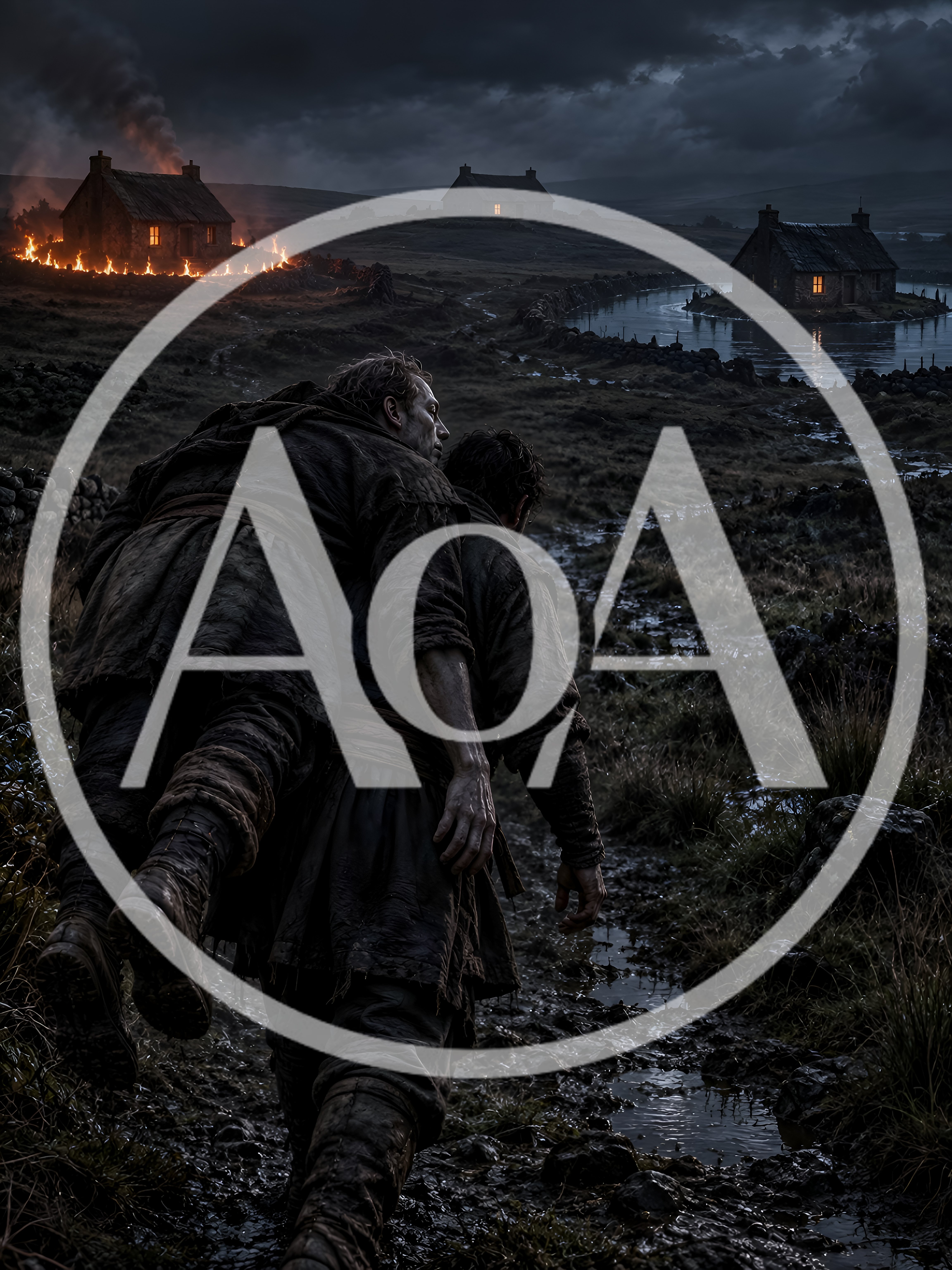 Man Carrying Injured Companion Through Dark Rural Landscape