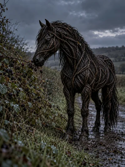 Sculptural Horse Made Of Twigs Eating Blackberries