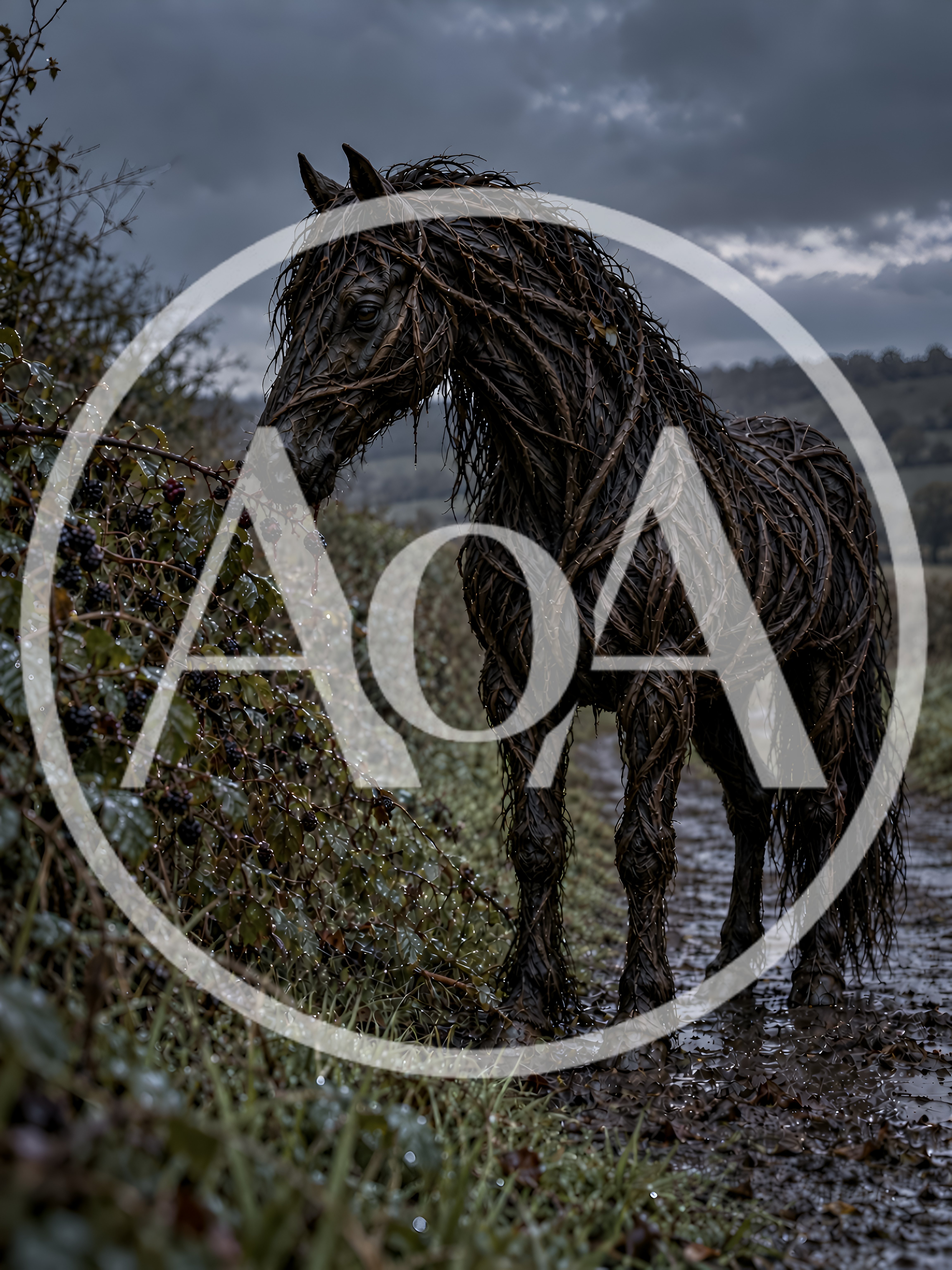 Sculptural Horse Made Of Twigs Eating Blackberries