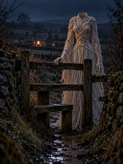 Headless Ghostly Figure Standing By A Rustic Wooden Stile