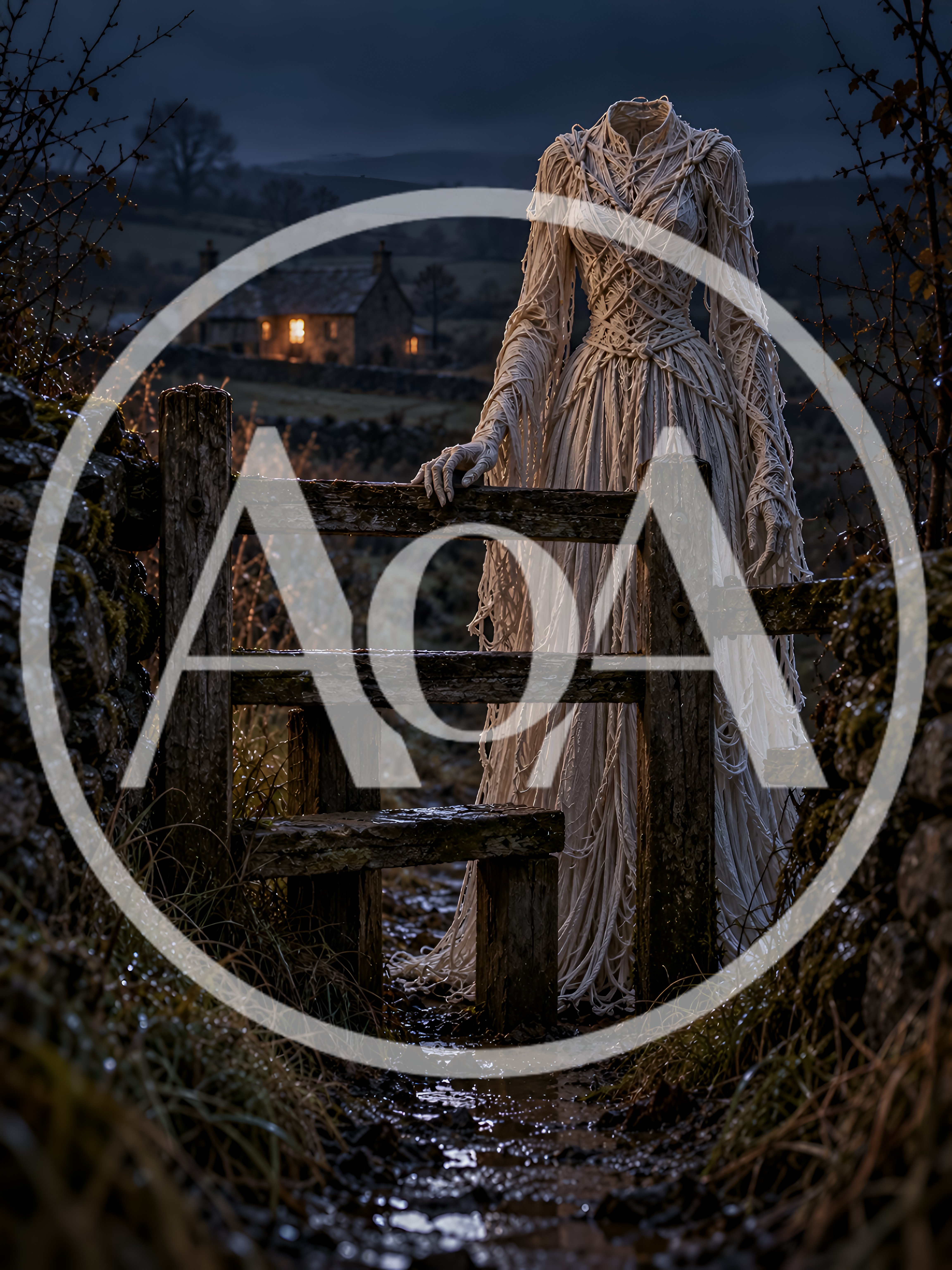Headless Ghostly Figure Standing By A Rustic Wooden Stile
