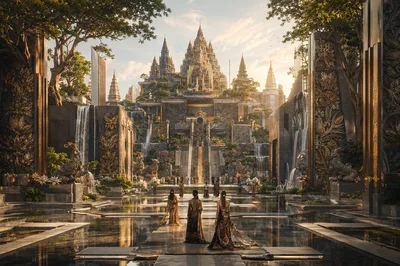 Three Women Walking Toward A Grand Golden Palace