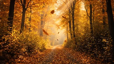 Golden Autumn Forest Path With Falling Leaves