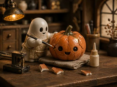 Cute Ghost Repairing A Ceramic Pumpkin Figurine