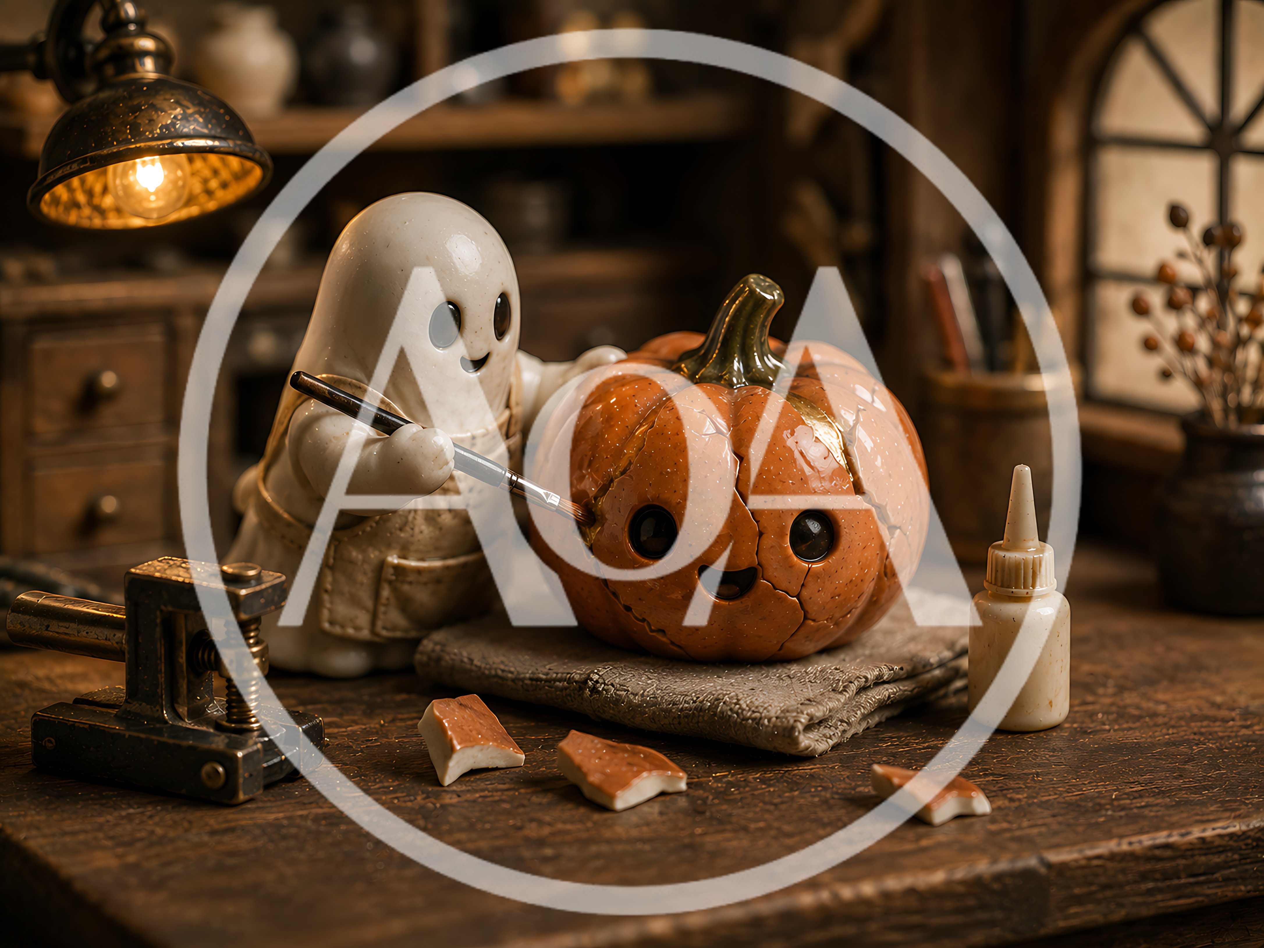 Cute Ghost Repairing A Ceramic Pumpkin Figurine