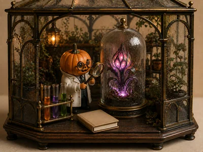 Pumpkin Scientist Examining Glowing Plant In Greenhouse