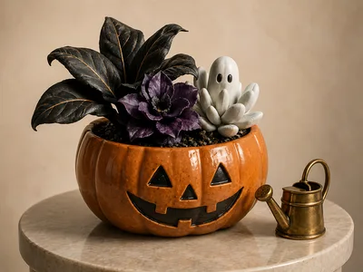Halloween Pumpkin Planter With Ghost Succulent And Foliage