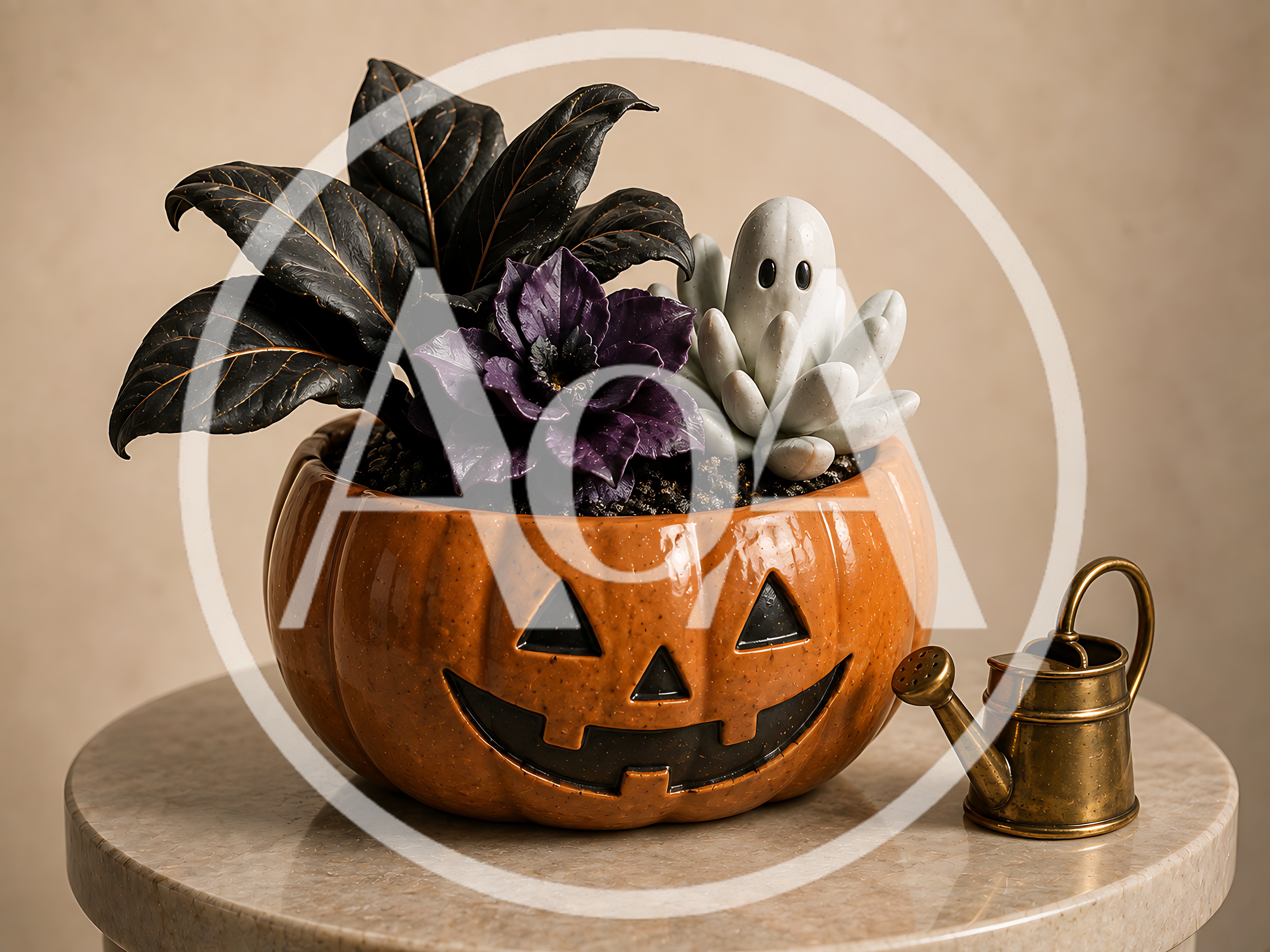Halloween Pumpkin Planter With Ghost Succulent And Foliage