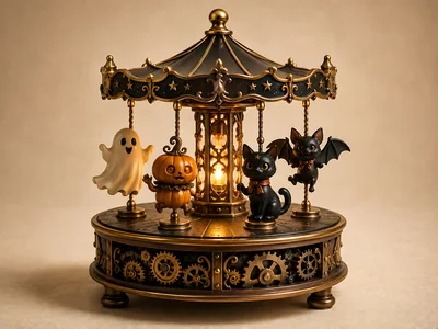 Steampunk Halloween Carousel With Spooky Figures