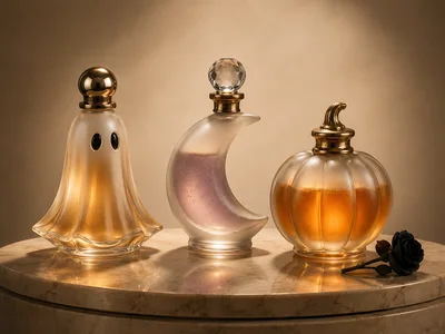 Three Decorative Halloween Themed Perfume Bottles On Marble