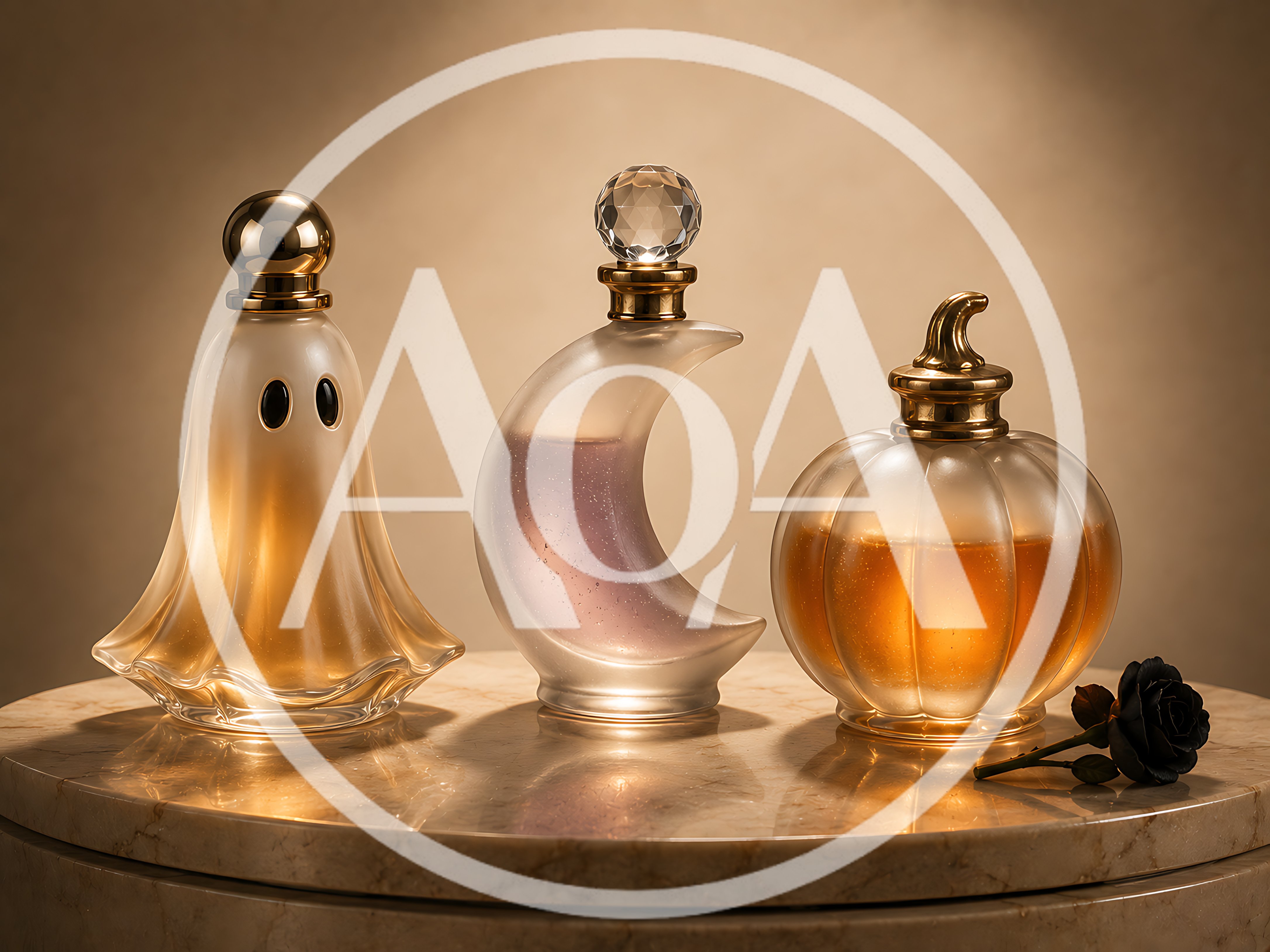 Three Decorative Halloween Themed Perfume Bottles On Marble