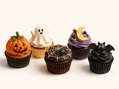 Five Halloween Themed Cupcakes With Festive Decorations