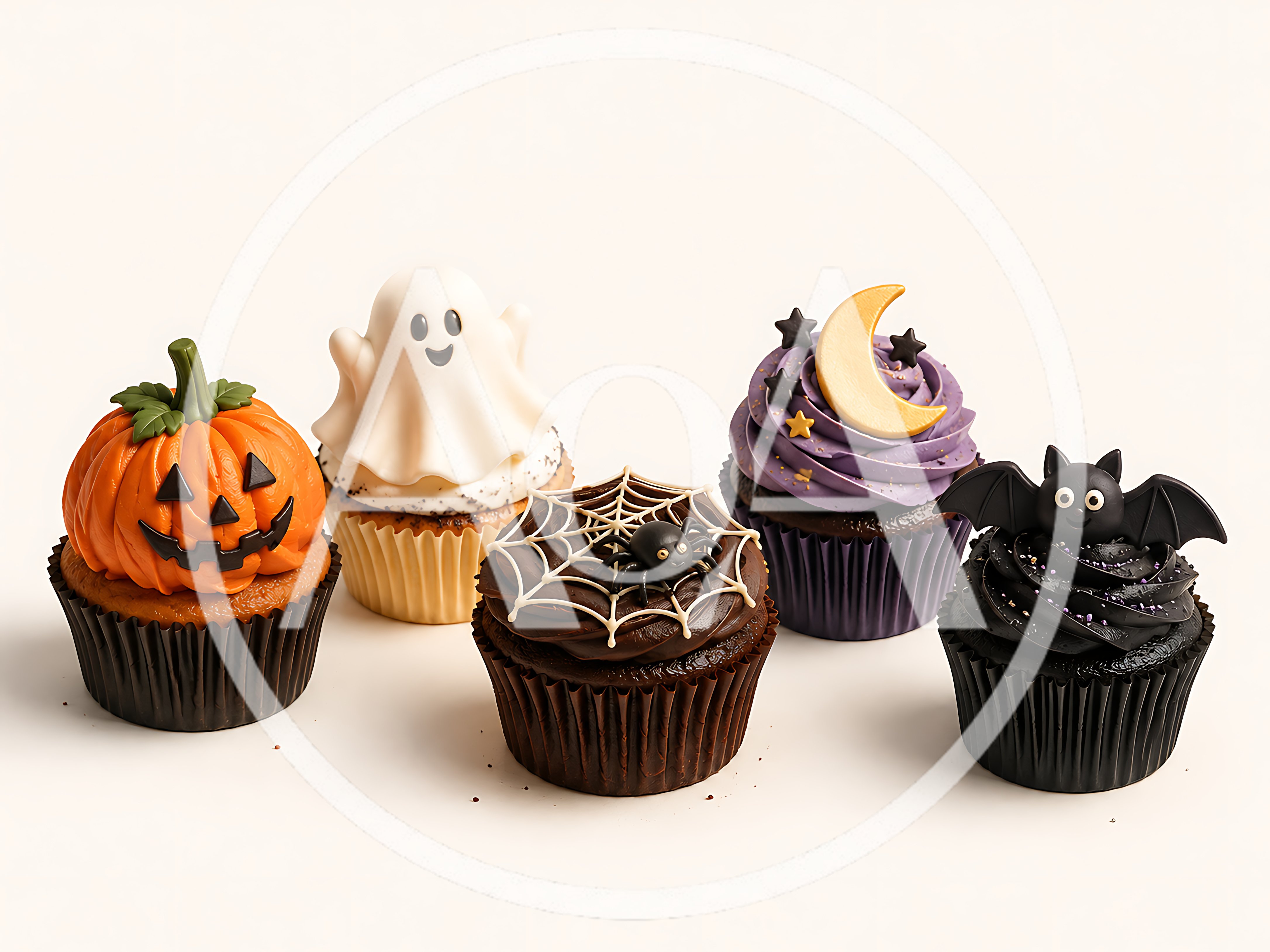 Five Halloween Themed Cupcakes With Festive Decorations