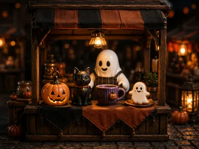 Miniature Halloween Market Stall With Ghost And Cat