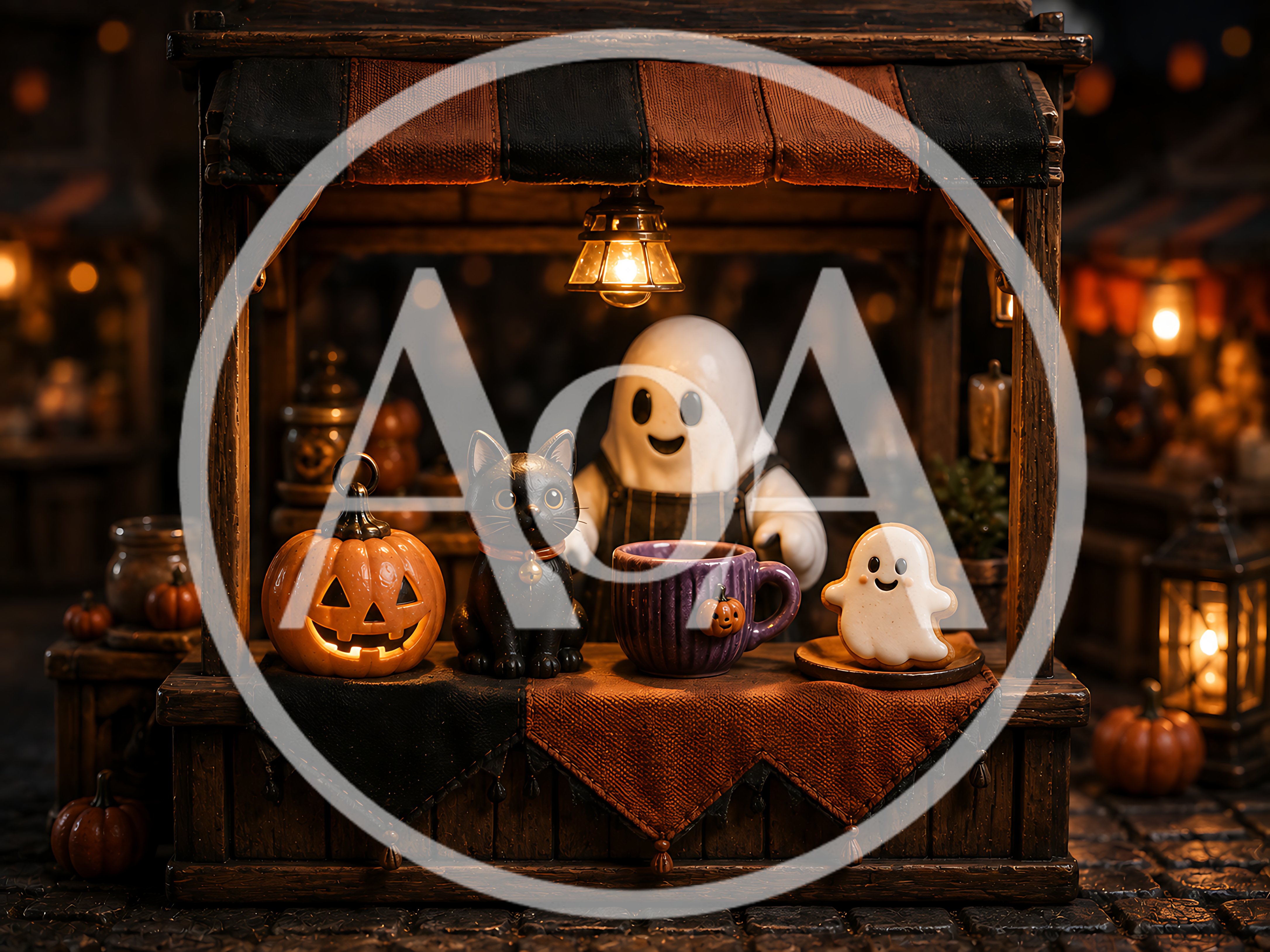 Miniature Halloween Market Stall With Ghost And Cat