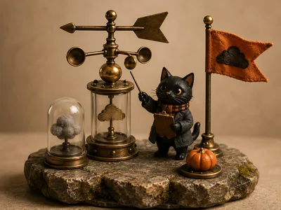 Miniature Black Cat Meteorologist Figurine With Weather Instruments