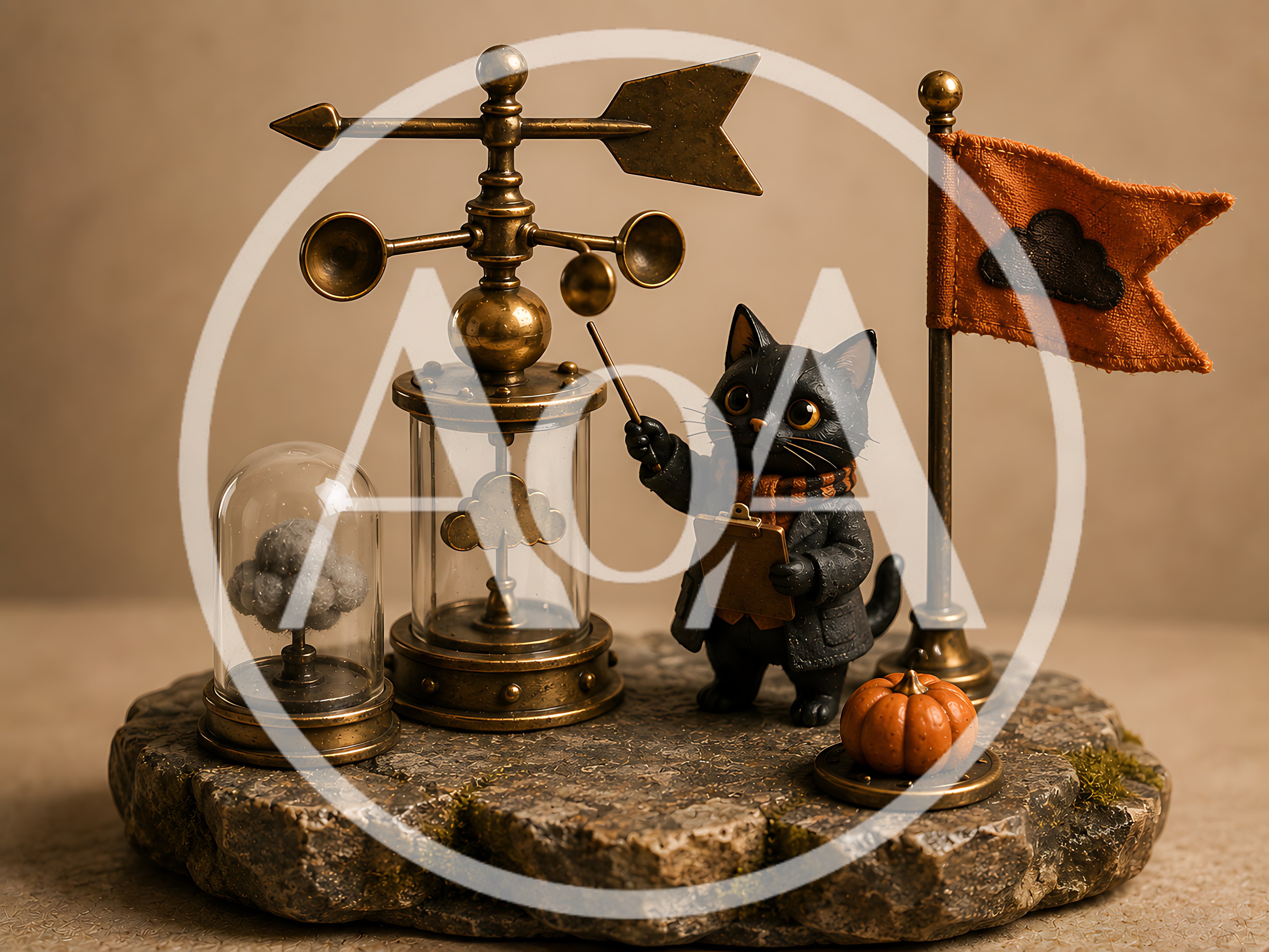 Miniature Black Cat Meteorologist Figurine With Weather Instruments