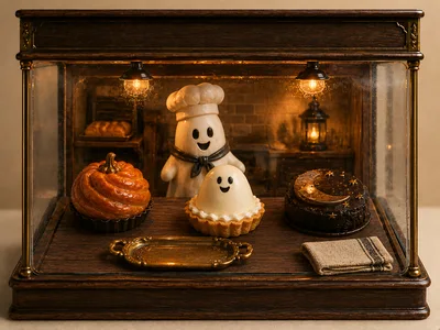 Miniature Bakery Display With Ghost Chef And Pastries