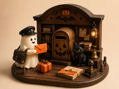 Halloween Ghost Mail Carrier and Black Cat Figurine