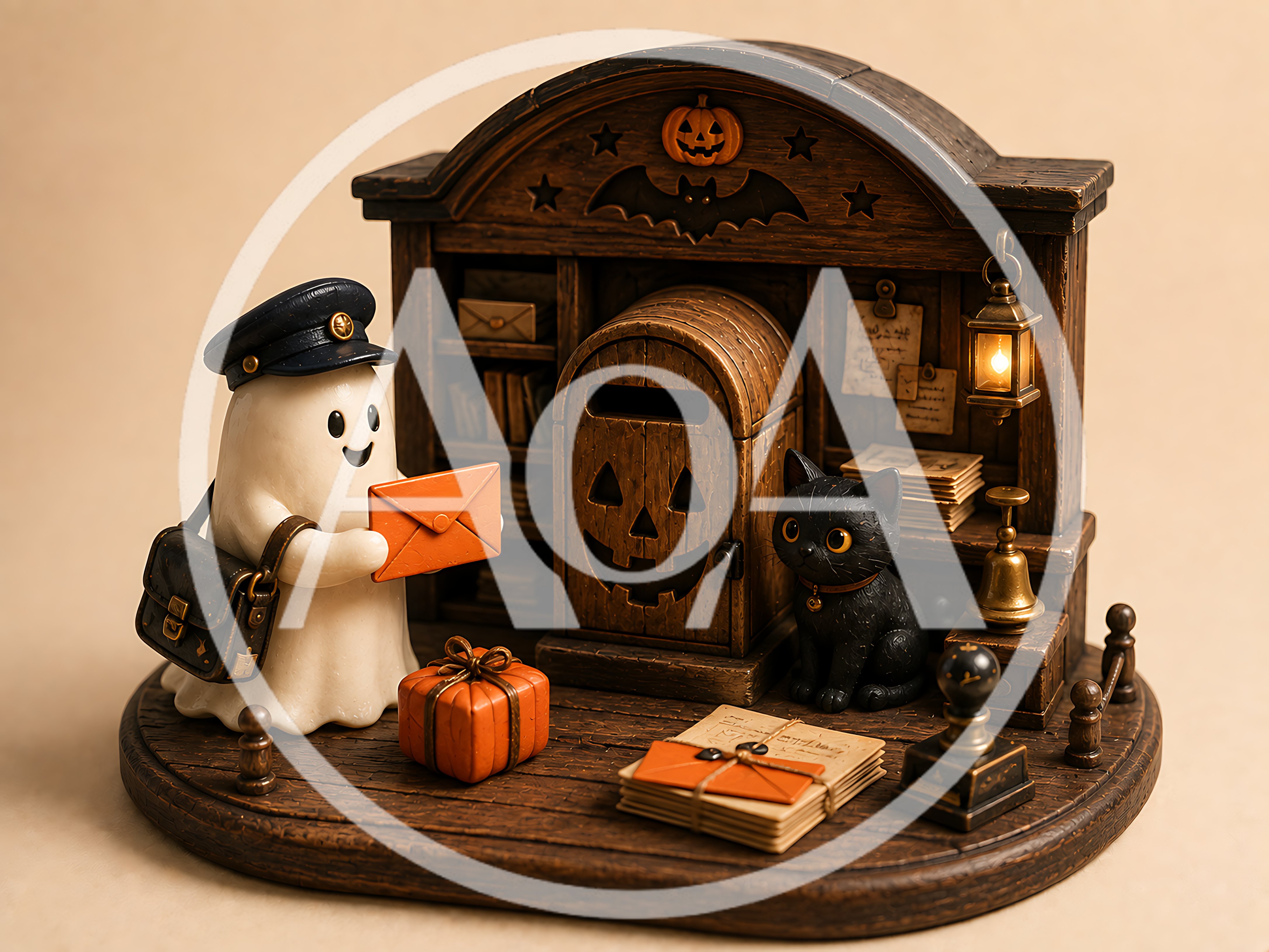 Halloween Ghost Mail Carrier and Black Cat Figurine