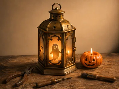 Halloween Lantern With Ghost Silhouette And Pumpkin Candle