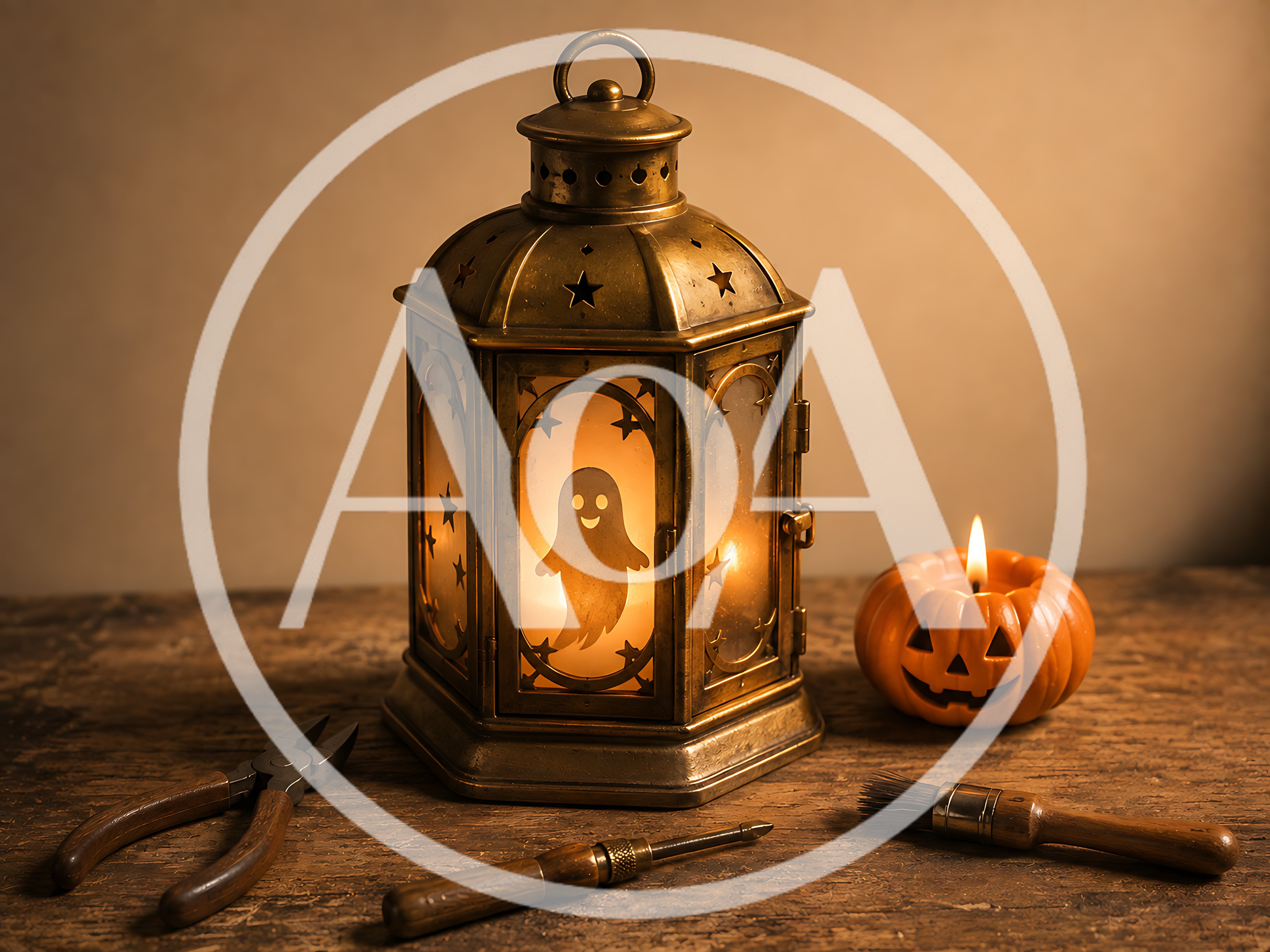 Halloween Lantern With Ghost Silhouette And Pumpkin Candle