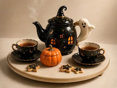 Halloween Themed Tea Set With Pumpkin And Cookies