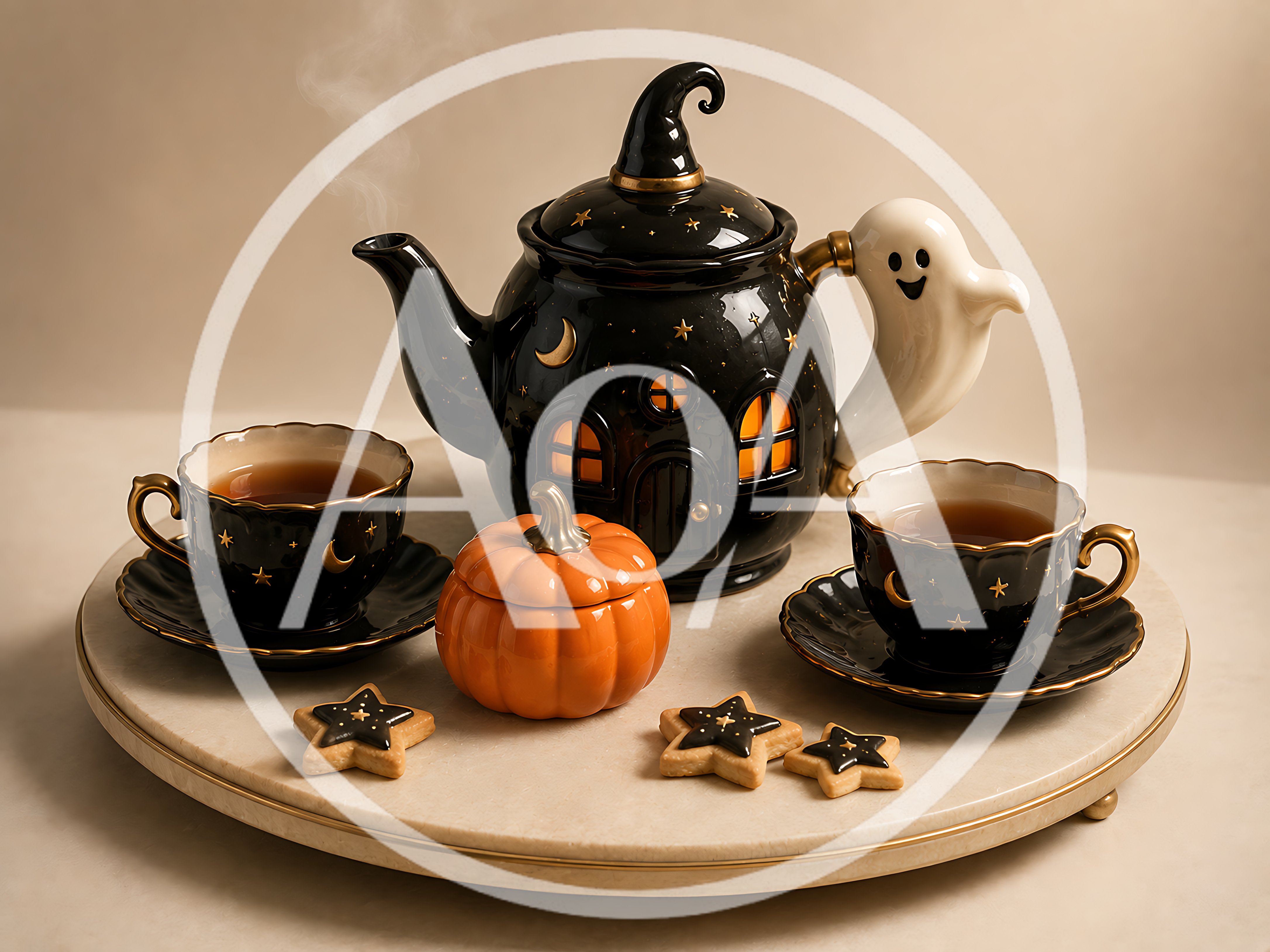 Halloween Themed Tea Set With Pumpkin And Cookies