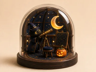 Miniature Wizard Cat Observing Stars In Glass Dome