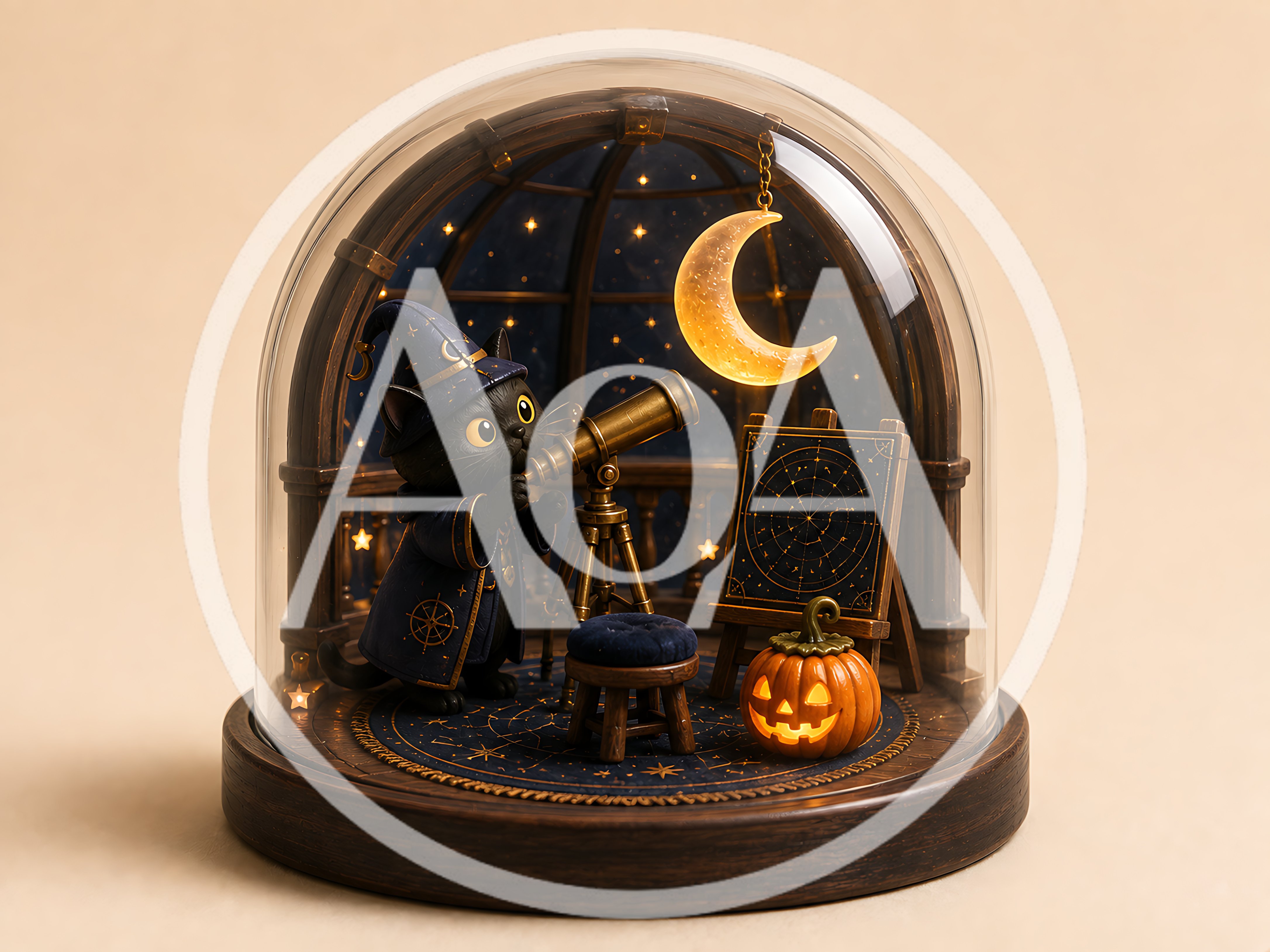 Miniature Wizard Cat Observing Stars In Glass Dome