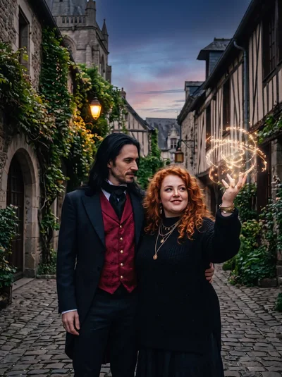 Couple With Magical Glowing Energy In Medieval Street