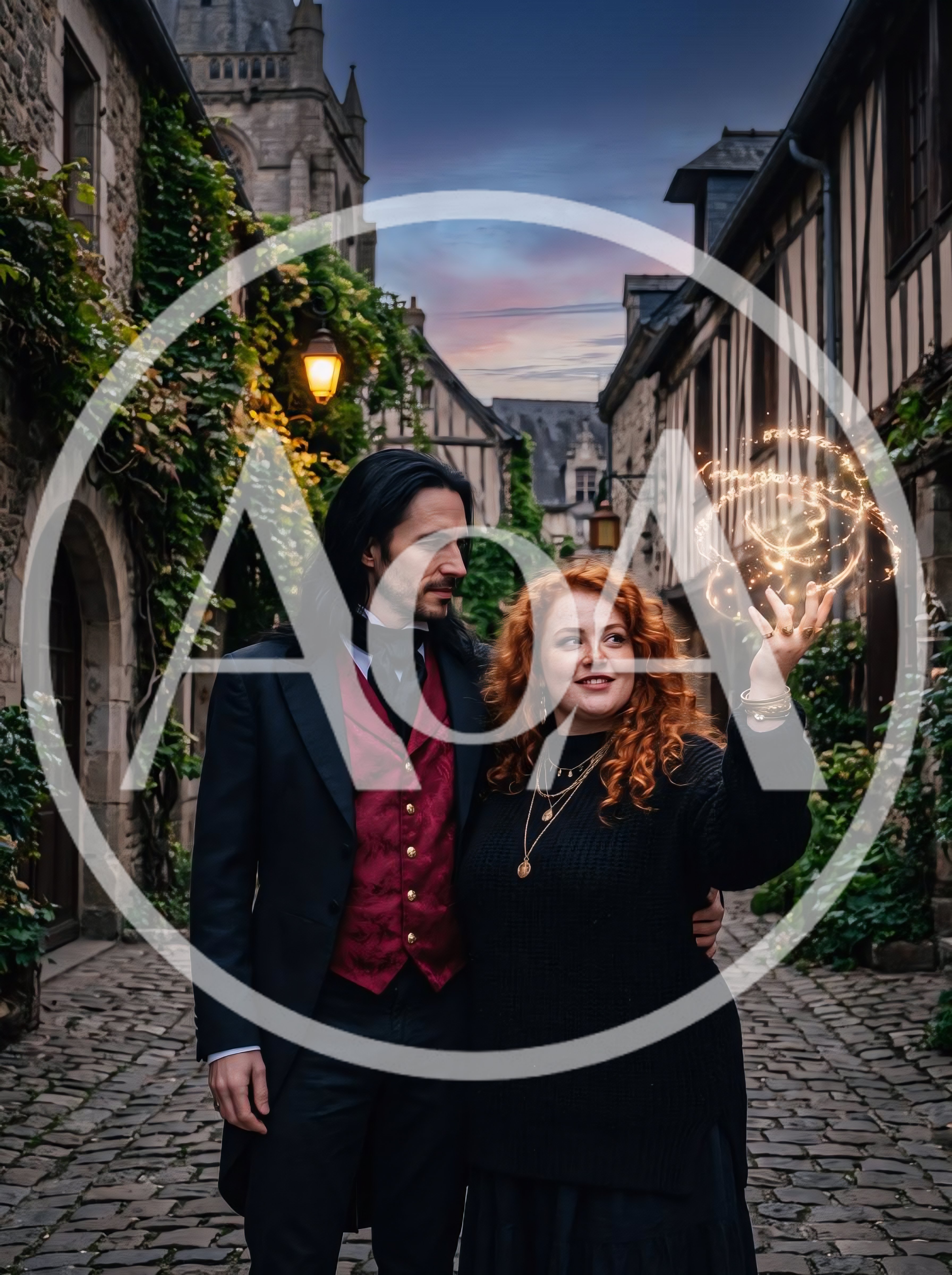Couple With Magical Glowing Energy In Medieval Street