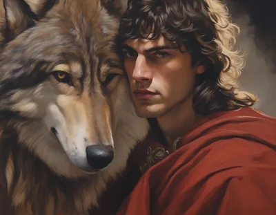 Young Man With Curly Hair Embracing A Large Wolf