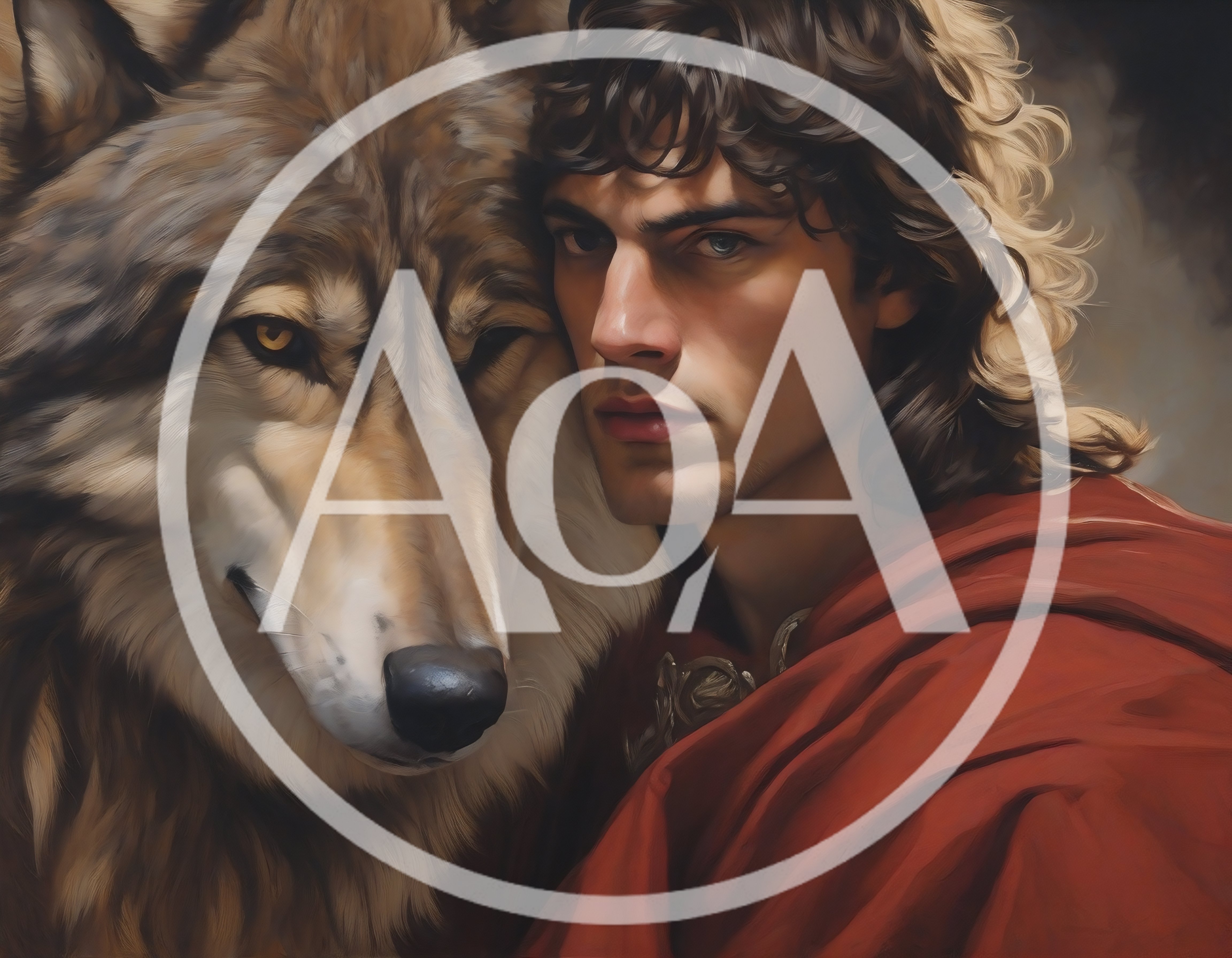 Young Man With Curly Hair Embracing A Large Wolf