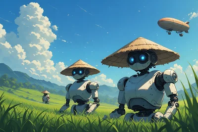 Futuristic Robots Wearing Traditional Straw Hats In Rice Field