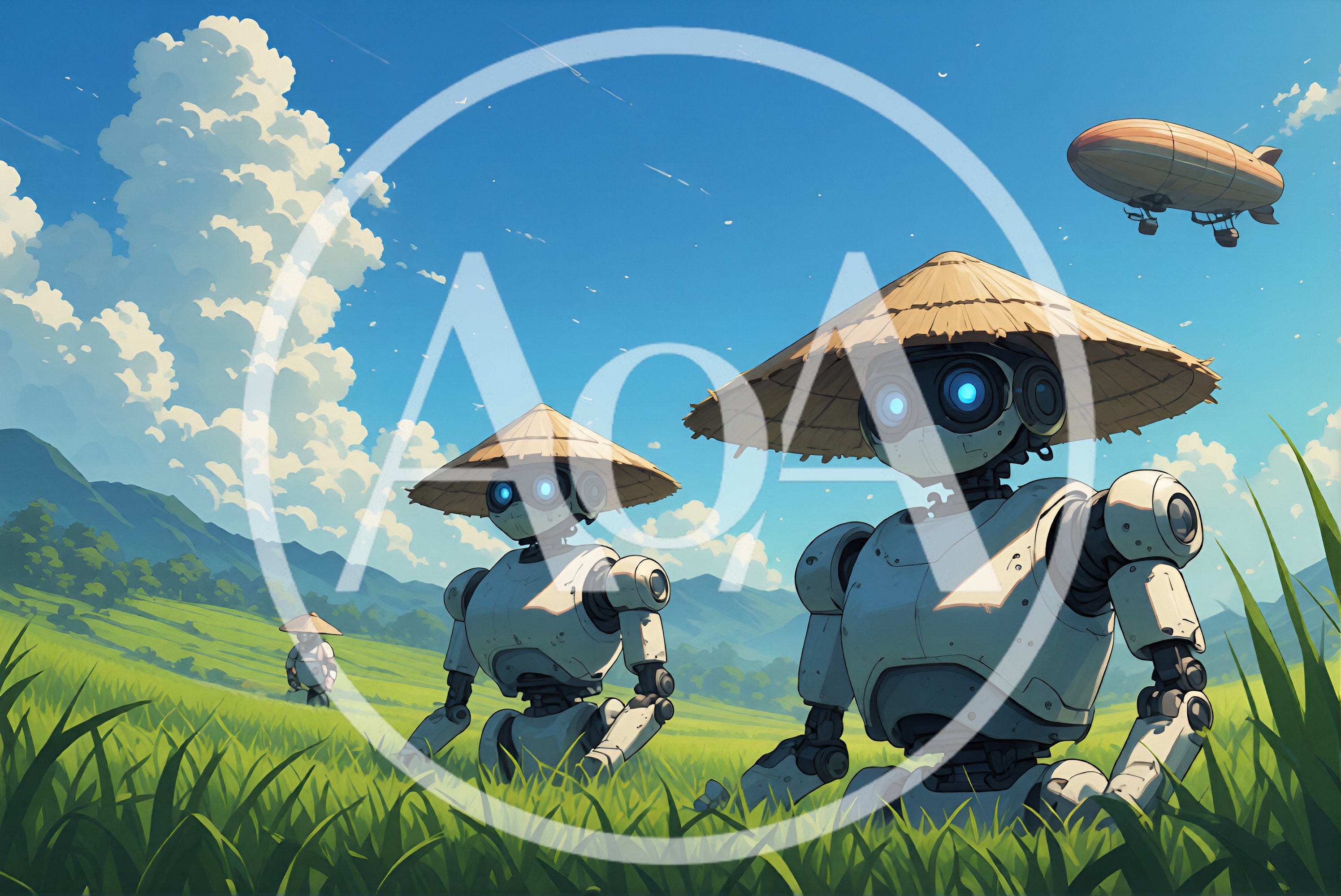 Futuristic Robots Wearing Traditional Straw Hats In Rice Field