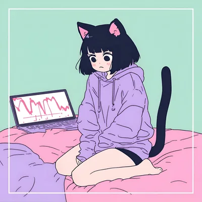 Anime Girl With Cat Ears Looking At Stock Chart