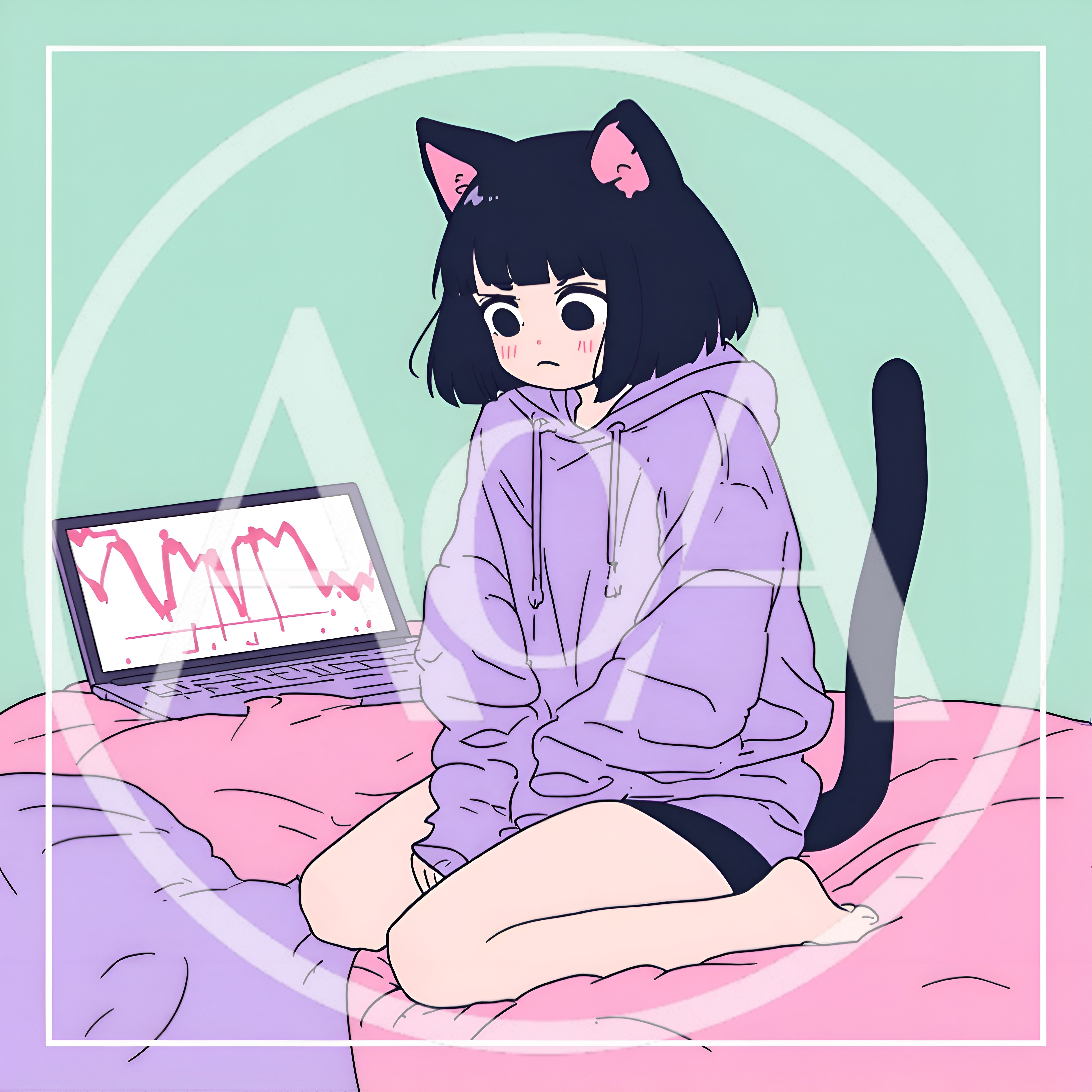 Anime Girl With Cat Ears Looking At Stock Chart