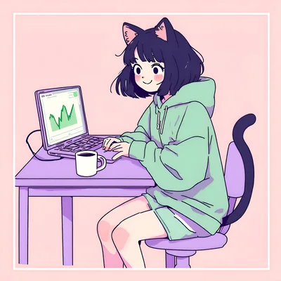 Anime Style Girl With Cat Ears Using Laptop