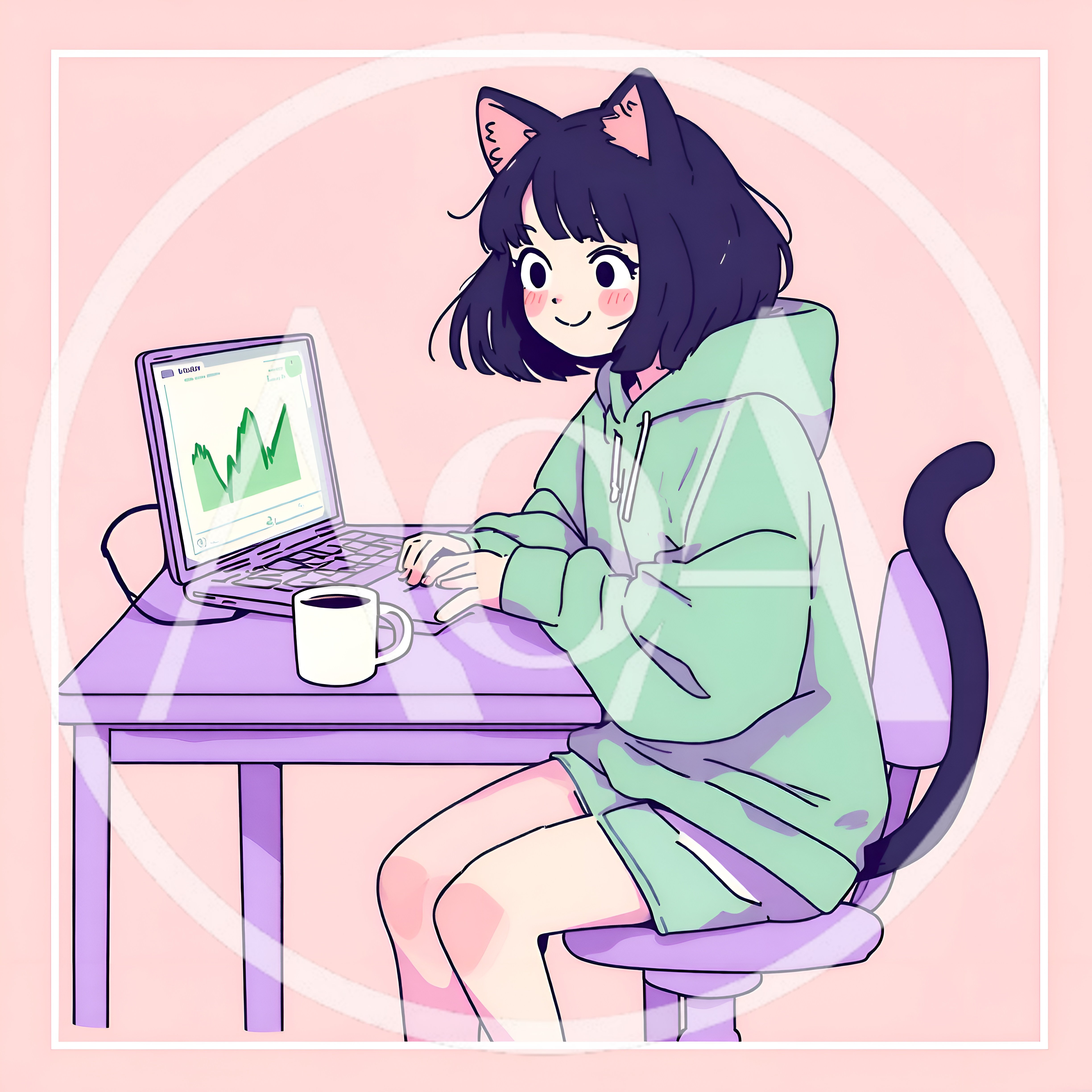 Anime Style Girl With Cat Ears Using Laptop