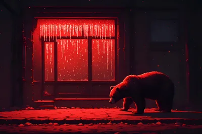 A Grizzly Bear Walking Past A Red Lit Storefront